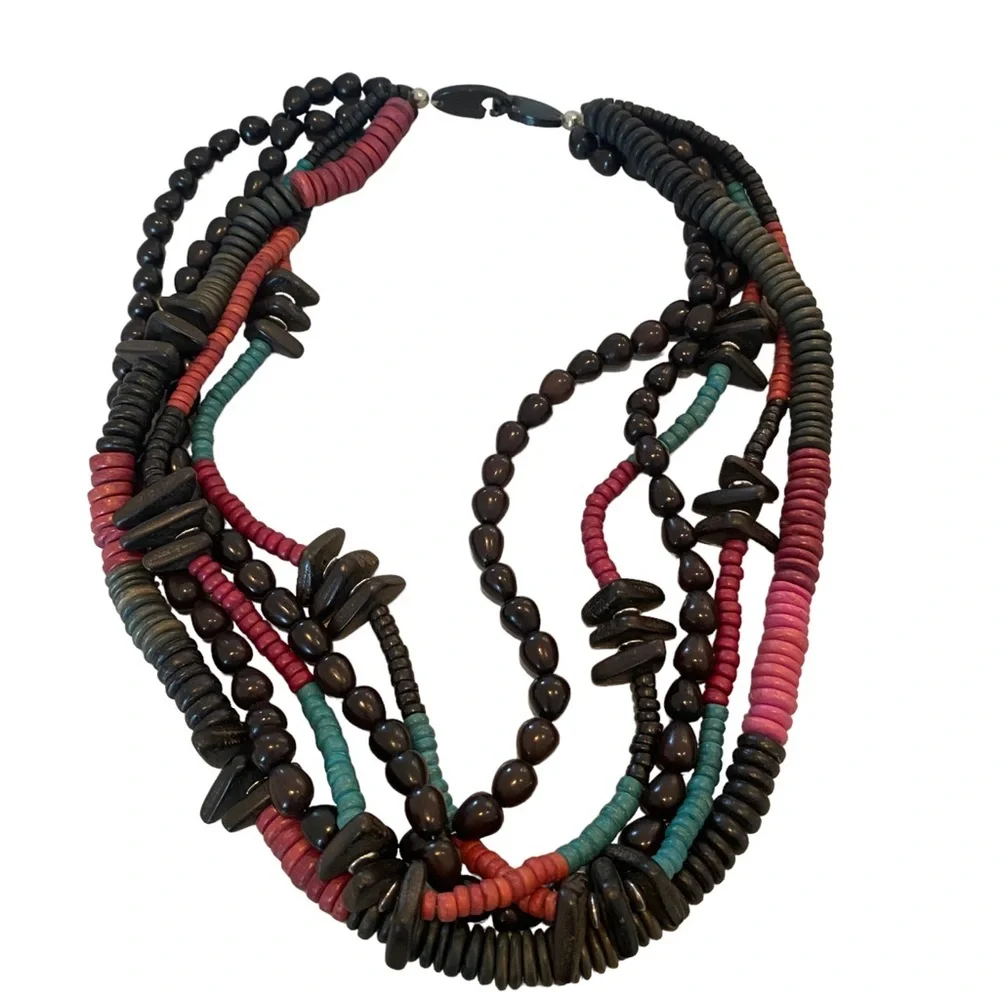 Wooden tribal multi strand multicolor necklace black red 11”